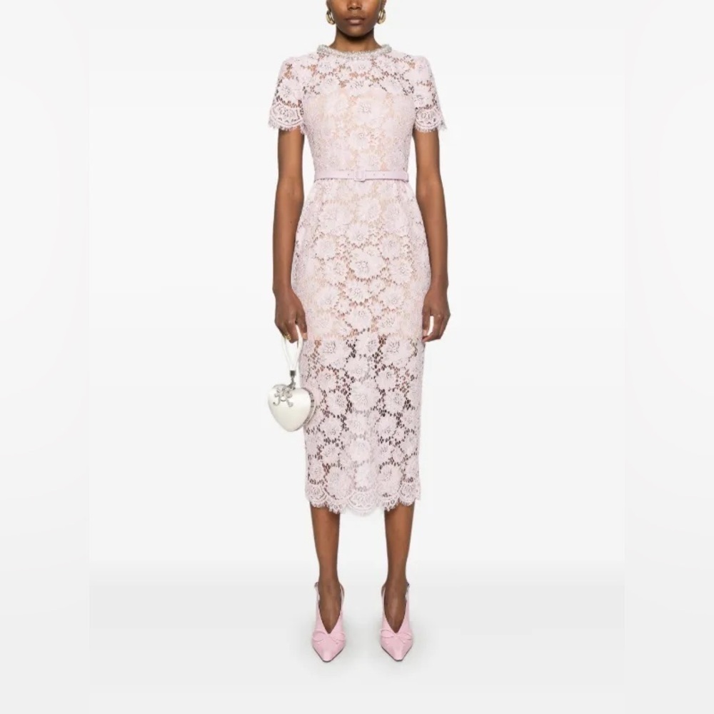 NEW Self-Portrait Fine Lace Pearl Midi Dress in Pink | UK 8 / US 4 - Picture 7 of 15